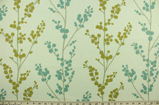 This fabric features a floral branch design in gold, turquoise and brown on an ivory background.  It can be used for several different statement projects including window accents (drapery, curtains and swags), decorative pillows, hand bags, bed skirts, duvet covers, light duty upholstery and craft projects.  It has a soft workable feel yet is stable and durable.   