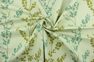 This fabric features a floral branch design in gold, turquoise and brown on an ivory background.  It can be used for several different statement projects including window accents (drapery, curtains and swags), decorative pillows, hand bags, bed skirts, duvet covers, light duty upholstery and craft projects.  It has a soft workable feel yet is stable and durable.   