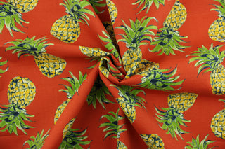  This multi use fabric features large pineapples in golden yellow, green and blue on an orange background.  It is perfect for outdoor settings or indoors in a sunny room.  It is stain and water resistant and can withstand up to 500 hours of direct sun exposure and has a durability rating of 10,000 double rubs.  Uses include decorative pillows, cushions, chair pads, tote bags and upholstery.