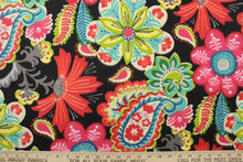 Load image into Gallery viewer,  This outdoor fabric features a bright floral design in green, red, turquoise, gray, black, beige, blue, white, hot pink, and a light yellow.
