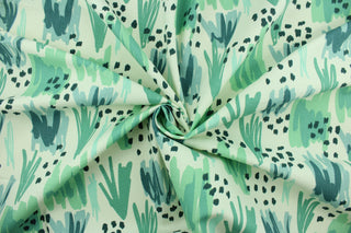  This fabric features an abstract design in shades of blue, green and white.  It can be used for several different statement projects including window accents (drapery, curtains and swags), decorative pillows, hand bags, bed skirts, duvet covers, light duty upholstery and craft projects.  It has a soft workable feel yet is stable and durable.  We offer this design in several different colors.