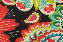 Load image into Gallery viewer,  This outdoor fabric features a bright floral design in green, red, turquoise, gray, black, beige, blue, white, hot pink, and a light yellow.
