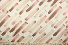Load image into Gallery viewer, This fabric features a diagonal broken stripe design in mauve, brown, pale beige, rose pink and white.
