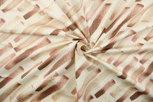 Load image into Gallery viewer, This fabric features a diagonal broken stripe design in mauve, brown, pale beige, rose pink and white.
