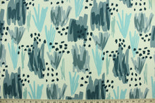 Load image into Gallery viewer,  This fabric features an abstract design in navy, sky blue, gray and white.  It can be used for several different statement projects including window accents (drapery, curtains and swags), decorative pillows, hand bags, bed skirts, duvet covers, light duty upholstery and craft projects.  It has a soft workable feel yet is stable and durable.  We offer this design in several different colors.

