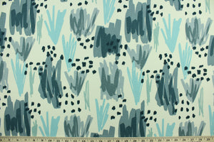  This fabric features an abstract design in navy, sky blue, gray and white.  It can be used for several different statement projects including window accents (drapery, curtains and swags), decorative pillows, hand bags, bed skirts, duvet covers, light duty upholstery and craft projects.  It has a soft workable feel yet is stable and durable.  We offer this design in several different colors.