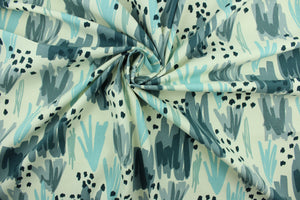  This fabric features an abstract design in navy, sky blue, gray and white.  It can be used for several different statement projects including window accents (drapery, curtains and swags), decorative pillows, hand bags, bed skirts, duvet covers, light duty upholstery and craft projects.  It has a soft workable feel yet is stable and durable.  We offer this design in several different colors.