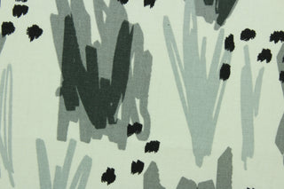 This fabric features an abstract design in gray, black and white.  It can be used for several different statement projects including window accents (drapery, curtains and swags), decorative pillows, hand bags, bed skirts, duvet covers, light duty upholstery and craft projects.  It has a soft workable feel yet is stable and durable.  We offer this design in several different colors.