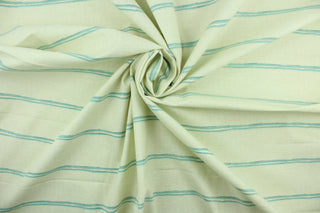  Braxton features a striped design in greenish blue on an ivory background.  It can be used for several different statement projects including window accents (drapery, curtains and swags), decorative pillows, hand bags, bed skirts, duvet covers, light duty upholstery and craft projects.  It has a soft workable feel yet is stable and durable.  