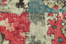 Load image into Gallery viewer, Padma is a cotton and linen blend fabric that features a large distressed abstract design in dark turquoise, red, dark green, brown, grey and taupe.  The multi use fabric is perfect for window treatments, decorative pillows, custom cushions, bedding, light duty upholstery applications and almost any craft project.  This fabric has a soft workable feel yet is stable and durable with 12,000 double rubs.
