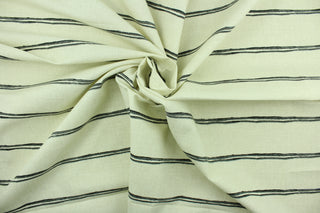  Braxton features a striped design in onyx on an ivory background.  It can be used for several different statement projects including window accents (drapery, curtains and swags), decorative pillows, hand bags, bed skirts, duvet covers, light duty upholstery and craft projects.  It has a soft workable feel yet is stable and durable.  