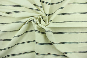  Braxton features a striped design in onyx on an ivory background.  It can be used for several different statement projects including window accents (drapery, curtains and swags), decorative pillows, hand bags, bed skirts, duvet covers, light duty upholstery and craft projects.  It has a soft workable feel yet is stable and durable.  