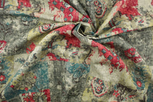Load image into Gallery viewer, Padma is a cotton and linen blend fabric that features a large distressed abstract design in dark turquoise, red, dark green, brown, grey and taupe.  The multi use fabric is perfect for window treatments, decorative pillows, custom cushions, bedding, light duty upholstery applications and almost any craft project.  This fabric has a soft workable feel yet is stable and durable with 12,000 double rubs.

