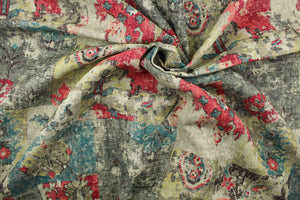 Padma is a cotton and linen blend fabric that features a large distressed abstract design in dark turquoise, red, dark green, brown, grey and taupe.  The multi use fabric is perfect for window treatments, decorative pillows, custom cushions, bedding, light duty upholstery applications and almost any craft project.  This fabric has a soft workable feel yet is stable and durable with 12,000 double rubs.