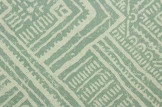 Ayers features a geometrical design in grayish green and ivory.  It can be used for several different statement projects including window accents (drapery, curtains and swags), decorative pillows, hand bags, bed skirts, duvet covers, light duty upholstery and craft projects.  It has a soft workable feel yet is stable and has a durability of 15,000 double rubs.