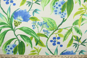 Azalea is a cotton and linen blend fabric that features a large floral and vine design in green, blue, aqua and white.  The multi use fabric perfect for window treatments, decorative pillows, custom cushions, bedding, light duty upholstery applications and almost any craft project.  This fabric has a soft workable feel yet is stable and durable with 10,000 double rubs.