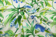 Load image into Gallery viewer, Azalea is a cotton and linen blend fabric that features a large floral and vine design in green, blue, aqua and white.  The multi use fabric perfect for window treatments, decorative pillows, custom cushions, bedding, light duty upholstery applications and almost any craft project.  This fabric has a soft workable feel yet is stable and durable with 10,000 double rubs.

