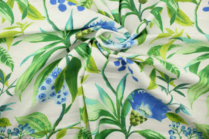 Azalea is a cotton and linen blend fabric that features a large floral and vine design in green, blue, aqua and white.  The multi use fabric perfect for window treatments, decorative pillows, custom cushions, bedding, light duty upholstery applications and almost any craft project.  This fabric has a soft workable feel yet is stable and durable with 10,000 double rubs.