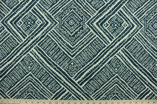 Ayers features a geometrical design in indigo blue and ivory.  It can be used for several different statement projects including window accents (drapery, curtains and swags), decorative pillows, hand bags, bed skirts, duvet covers, light duty upholstery and craft projects.  It has a soft workable feel yet is stable and has a durability of 15,000 double rubs.