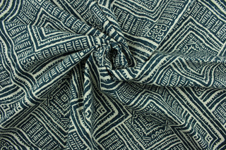 Ayers features a geometrical design in indigo blue and ivory.  It can be used for several different statement projects including window accents (drapery, curtains and swags), decorative pillows, hand bags, bed skirts, duvet covers, light duty upholstery and craft projects.  It has a soft workable feel yet is stable and has a durability of 15,000 double rubs.