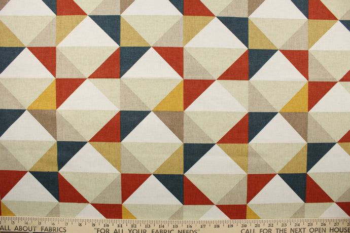 Denmark is a geometrical print in the autumnal colors of dark blue, brick red, khaki, sand, dark yellow and off white.  The multi use fabric is perfect for window treatments, decorative pillows, custom cushions, bedding, light duty upholstery applications and almost any craft project.  This fabric has a soft workable feel yet is stable and durable with 30,000 double rubs