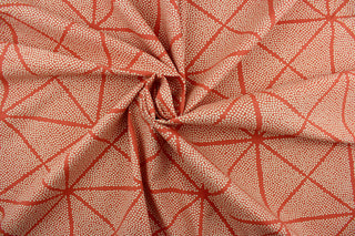 This fabric features a geometrical design in coral and white.  It can be used for several different statement projects including window accents (drapery, curtains and swags), decorative pillows, hand bags, bed skirts, duvet covers, light duty upholstery and craft projects.  It has a soft workable feel yet is stable and durable.   