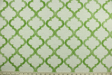 Load image into Gallery viewer,   Enhance features a lattice design in palm green and ivory.  It can be used for several different statement projects including window accents (drapery, curtains and swags), decorative pillows, hand bags, bed skirts, duvet covers, light duty upholstery and craft projects.  It has a soft workable feel yet is stable and durable.  
