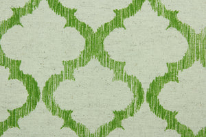   Enhance features a lattice design in palm green and ivory.  It can be used for several different statement projects including window accents (drapery, curtains and swags), decorative pillows, hand bags, bed skirts, duvet covers, light duty upholstery and craft projects.  It has a soft workable feel yet is stable and durable.  