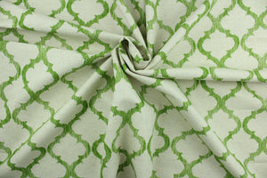   Enhance features a lattice design in palm green and ivory.  It can be used for several different statement projects including window accents (drapery, curtains and swags), decorative pillows, hand bags, bed skirts, duvet covers, light duty upholstery and craft projects.  It has a soft workable feel yet is stable and durable.  