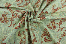 Load image into Gallery viewer, Shawl is a versatile medium/heavyweight fabric featuring a floral paisley design in burgundy, green, blue, beige and off white.  It can be used for several different statement projects including window accents (drapery, curtains and swags), decorative pillows, hand bags, bed skirts, duvet covers, light duty upholstery and craft projects.   
