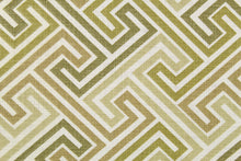 Load image into Gallery viewer, Elton is a cotton print with slub yarns used for texture.  The colors in this geometrical design are olive, celery, pecan and off white.  The multi use fabric is perfect for window treatments, decorative pillows, custom cushions, bedding, light duty upholstery applications and almost any craft project.  This fabric has a soft workable feel yet is stable and durable with 50,000 double rubs.
