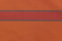 Load image into Gallery viewer, This sheer fabric features a stripe design in deep orange. red, and a blue gray color. 

