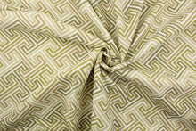Load image into Gallery viewer, Elton is a cotton print with slub yarns used for texture.  The colors in this geometrical design are olive, celery, pecan and off white.  The multi use fabric is perfect for window treatments, decorative pillows, custom cushions, bedding, light duty upholstery applications and almost any craft project.  This fabric has a soft workable feel yet is stable and durable with 50,000 double rubs.
