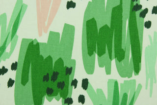 This fabric features an abstract design in shades of green, pink and white.   It can be used for several different statement projects including window accents (drapery, curtains and swags), decorative pillows, hand bags, bed skirts, duvet covers, light duty upholstery and craft projects.  It has a soft workable feel yet is stable and durable.  We offer this design in several different colors.