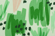 Load image into Gallery viewer, This fabric features an abstract design in shades of green, pink and white.   It can be used for several different statement projects including window accents (drapery, curtains and swags), decorative pillows, hand bags, bed skirts, duvet covers, light duty upholstery and craft projects.  It has a soft workable feel yet is stable and durable.  We offer this design in several different colors.
