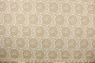  Seabreeze features round designs resembling florals or sand dollars in the colors of sand and white.  The multi use screen printed fabric is perfect for window treatments, decorative pillows, custom cushions, bedding, light duty upholstery applications and almost any craft project.  This fabric has a soft workable feel yet is stable and durable with 30,000 double rubs.