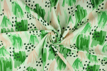 Load image into Gallery viewer, This fabric features an abstract design in shades of green, pink and white.   It can be used for several different statement projects including window accents (drapery, curtains and swags), decorative pillows, hand bags, bed skirts, duvet covers, light duty upholstery and craft projects.  It has a soft workable feel yet is stable and durable.  We offer this design in several different colors.
