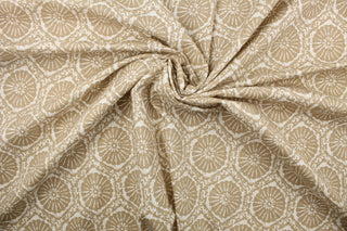  Seabreeze features round designs resembling florals or sand dollars in the colors of sand and white.  The multi use screen printed fabric is perfect for window treatments, decorative pillows, custom cushions, bedding, light duty upholstery applications and almost any craft project.  This fabric has a soft workable feel yet is stable and durable with 30,000 double rubs.