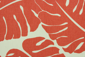  Albury features palm leaves in coral on a white background.  It can be used for several different statement projects including window accents (drapery, curtains and swags), decorative pillows, hand bags, bed skirts, duvet covers, light duty upholstery and craft projects.  It has a soft workable feel yet is stable and durable.  We offer this pattern in several other colors.