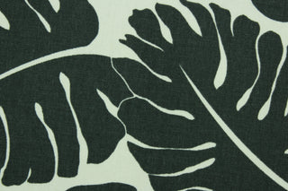  Albury features palm leaves in charcoal on a white background.  It can be used for several different statement projects including window accents (drapery, curtains and swags), decorative pillows, hand bags, bed skirts, duvet covers, light duty upholstery and craft projects.  It has a soft workable feel yet is stable and durable.  We offer this pattern in several other colors.