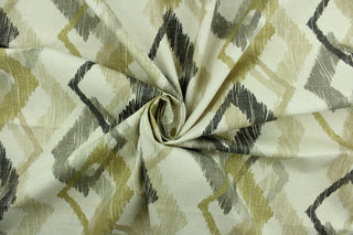  Hampstead features a geometrical design in grey, gold, beige and taupe on a natural background.  It can be used for several different statement projects including window accents (drapery, curtains and swags), decorative pillows, hand bags, bed skirts, duvet covers, light duty upholstery and craft projects.  