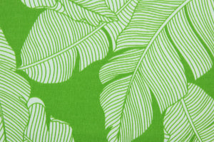 This multi use outdoor fabric features a large tropical leaf design in lime green and white.  It is perfect for outdoor settings or indoors in a sunny room.  It is stain and water resistant and can withstand up to 500 hours of direct sun exposure and has a durability rating of 10,000 double rubs.  Uses include decorative pillows, cushions, chair pads, tote bags and upholstery.