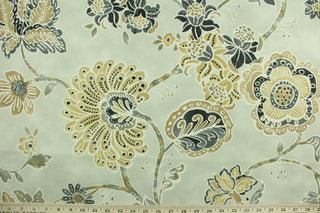 Portara features a large floral design in brown, grey, gold and ivory on a natural background.  It can be used for several different statement projects including window accents (drapery, curtains and swags), decorative pillows, hand bags, bed skirts, duvet covers, light duty upholstery and craft projects.  It has a soft workable feel yet is stable and durable.  