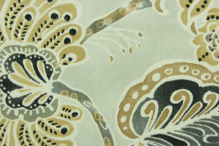  Portara features a large floral design in brown, grey, gold and ivory on a natural background.  It can be used for several different statement projects including window accents (drapery, curtains and swags), decorative pillows, hand bags, bed skirts, duvet covers, light duty upholstery and craft projects.  It has a soft workable feel yet is stable and durable.  