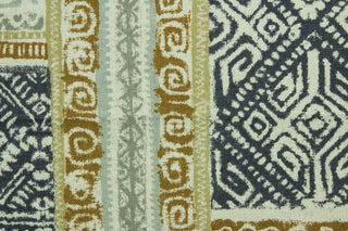 Luiza is a versatile medium/heavyweight fabric featuring an Aztec design in gray, gold, beige and grayish blue.  It can be used for several different statement projects including window accents (drapery, curtains and swags), decorative pillows, hand bags, bed skirts, duvet covers, light duty upholstery and craft projects.  It has a durability rating of 15,000 double rubs.
