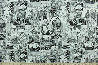 This fabric features a comic collage in black and white.  The versatile lightweight fabric is soft and easy to sew.  It would be great for quilting, crafting and sewing projects.  