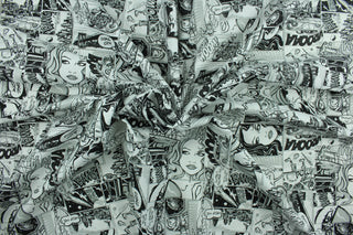 This fabric features a comic collage in black and white.  The versatile lightweight fabric is soft and easy to sew.  It would be great for quilting, crafting and sewing projects.  