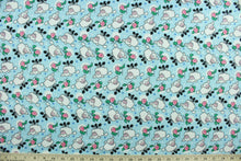 Load image into Gallery viewer, This cute and soft cotton print fabric features sheep and roses with a polka dot and stars background. It is perfect for quilting, home sewing projects, craft projects, apparel and home décor accents. Colors include shades of blue, pink, green, white and black.
