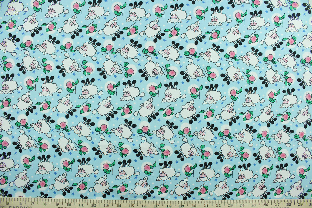 This cute and soft cotton print fabric features sheep and roses with a polka dot and stars background. It is perfect for quilting, home sewing projects, craft projects, apparel and home décor accents. Colors include shades of blue, pink, green, white and black.