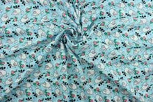 Load image into Gallery viewer, This cute and soft cotton print fabric features sheep and roses with a polka dot and stars background. It is perfect for quilting, home sewing projects, craft projects, apparel and home décor accents. Colors include shades of blue, pink, green, white and black.

